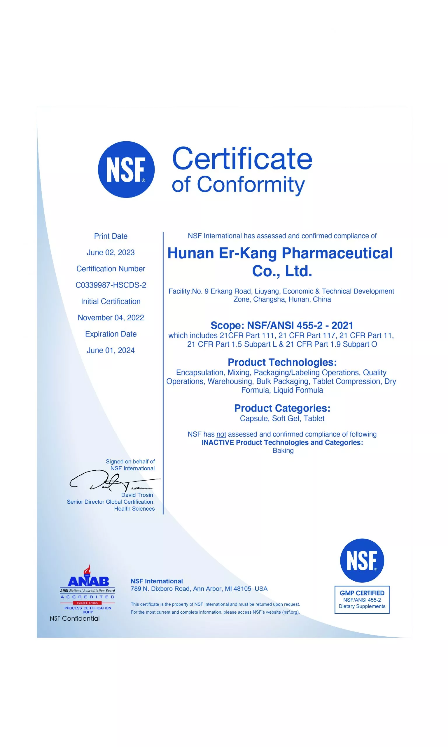 Erkang-NSF Certification